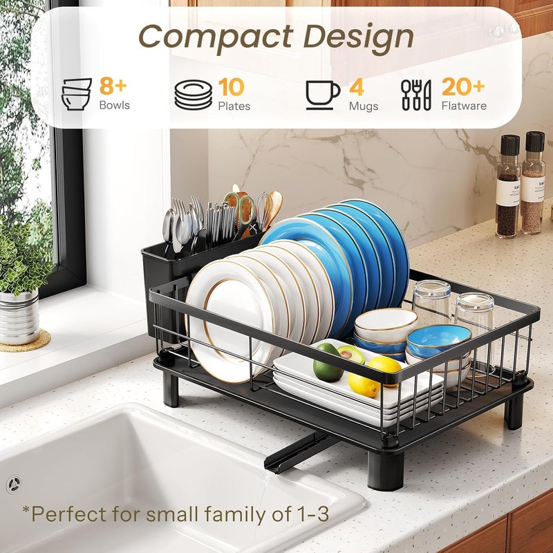 SNTD Dish Drying Rack - Small Dish Rack for Kitchen Counter, Stainless Steel Dish Drainer with Utensil Holder and Drainboard, 11" W x 15" L (Black) - Image 2